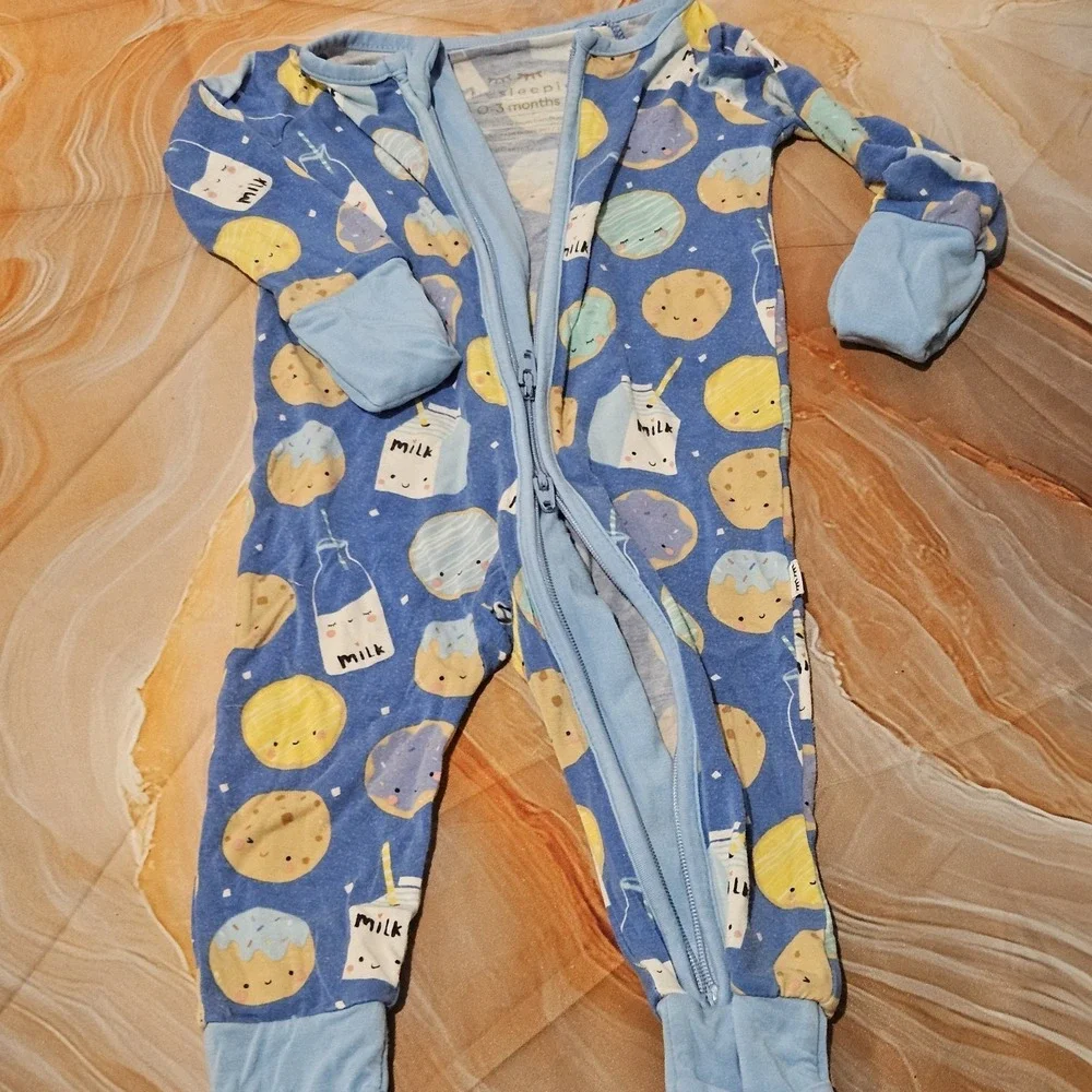 Little Sleepies Milk & Cookies Zippy 0-3M Blue Bamboo Pajamas